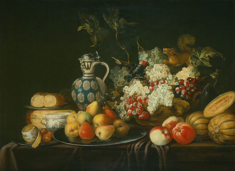 Still life with a squirrel and a pitcher